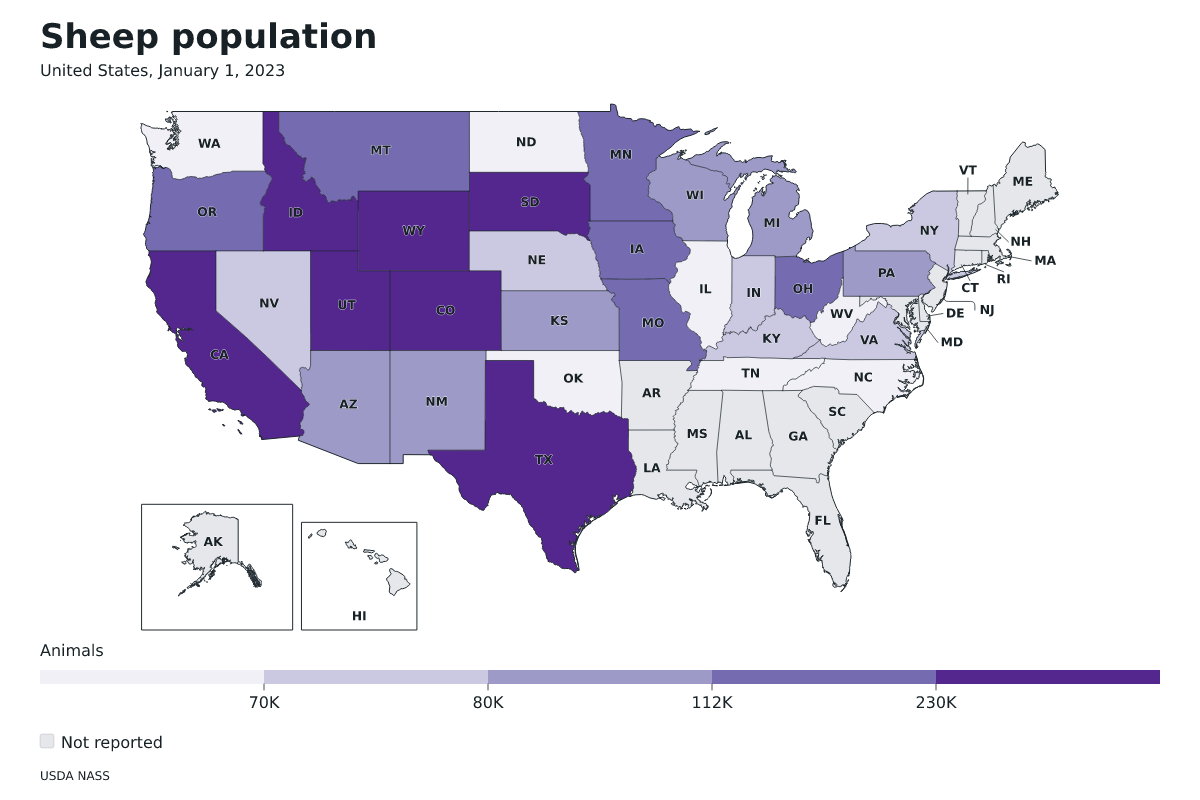 Población de ovinos por estado en Estados Unidos, 1 de enero de 2023. Unidad: ovejas y corderos. Fuente: USDA National Agricultural Statistics Service (NASS).