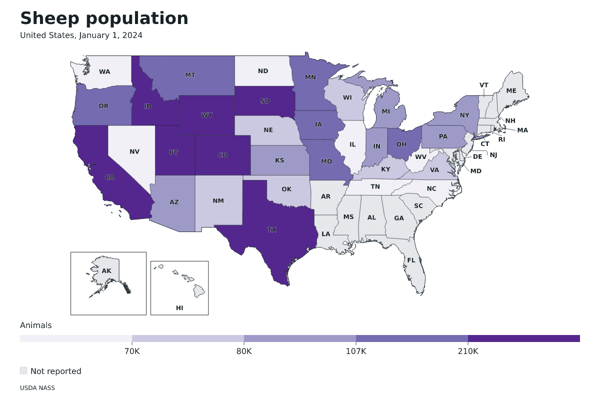 Población de ovinos por estado en Estados Unidos, 1 de enero de 2024. Unidad: ovejas y corderos. Fuente: USDA National Agricultural Statistics Service (NASS).