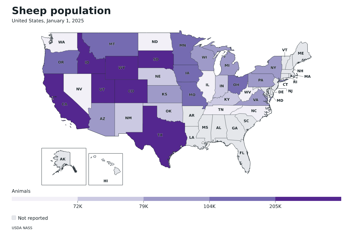 Población de ovinos por estado en Estados Unidos, 1 de enero de 2025. Unidad: ovejas y corderos. Fuente: USDA National Agricultural Statistics Service (NASS).