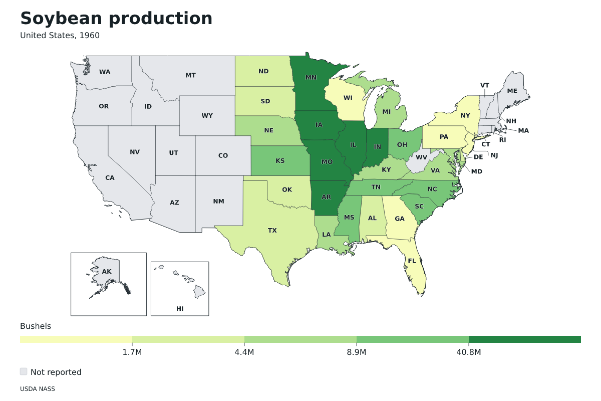 Producción de soja por estado en Estados Unidos, 1960. Unidad: bushels de soja. Fuente: USDA National Agricultural Statistics Service (NASS).