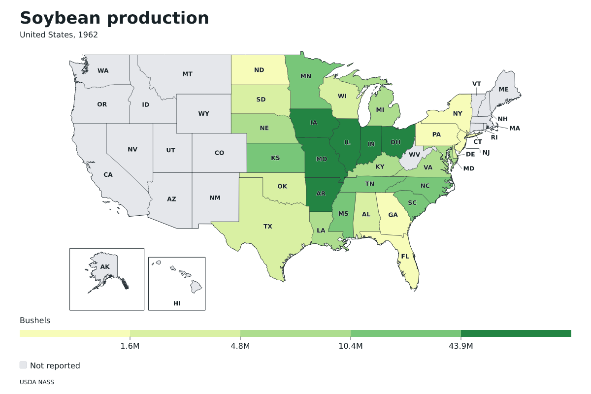 Producción de soja por estado en Estados Unidos, 1962. Unidad: bushels de soja. Fuente: USDA National Agricultural Statistics Service (NASS).