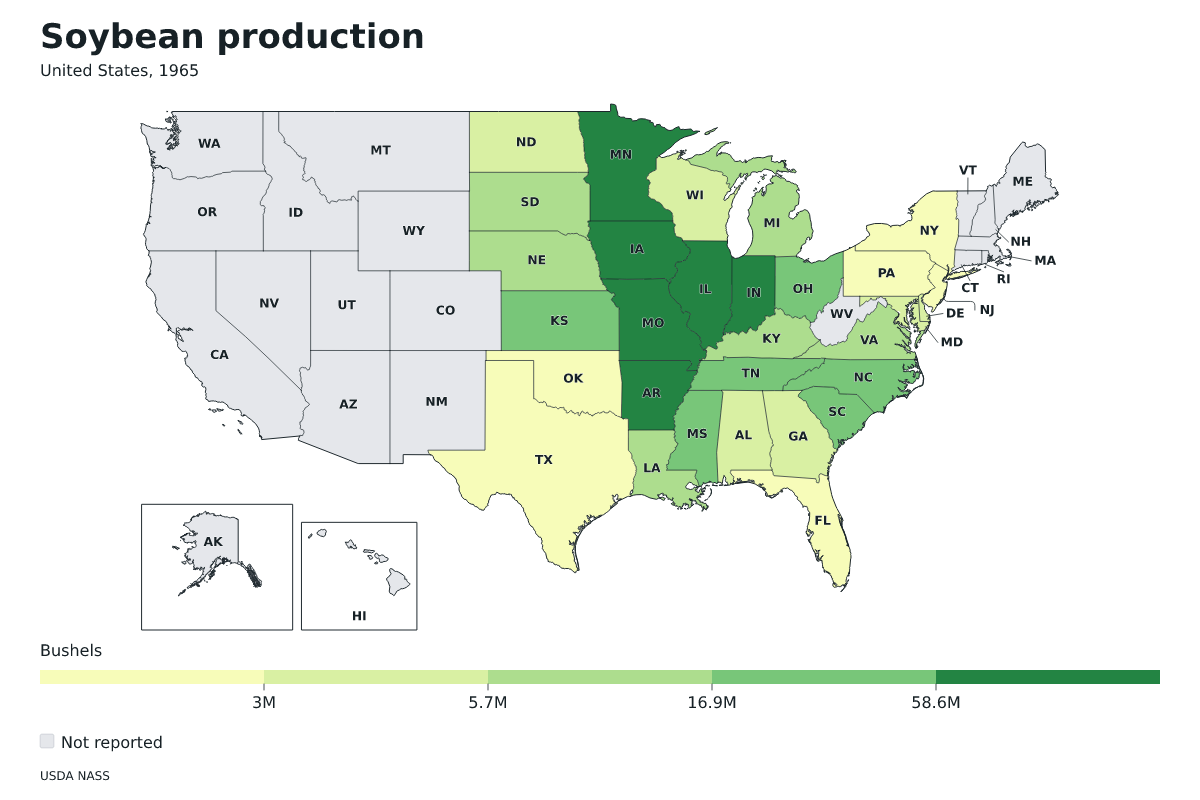 Producción de soja por estado en Estados Unidos, 1965. Unidad: bushels de soja. Fuente: USDA National Agricultural Statistics Service (NASS).