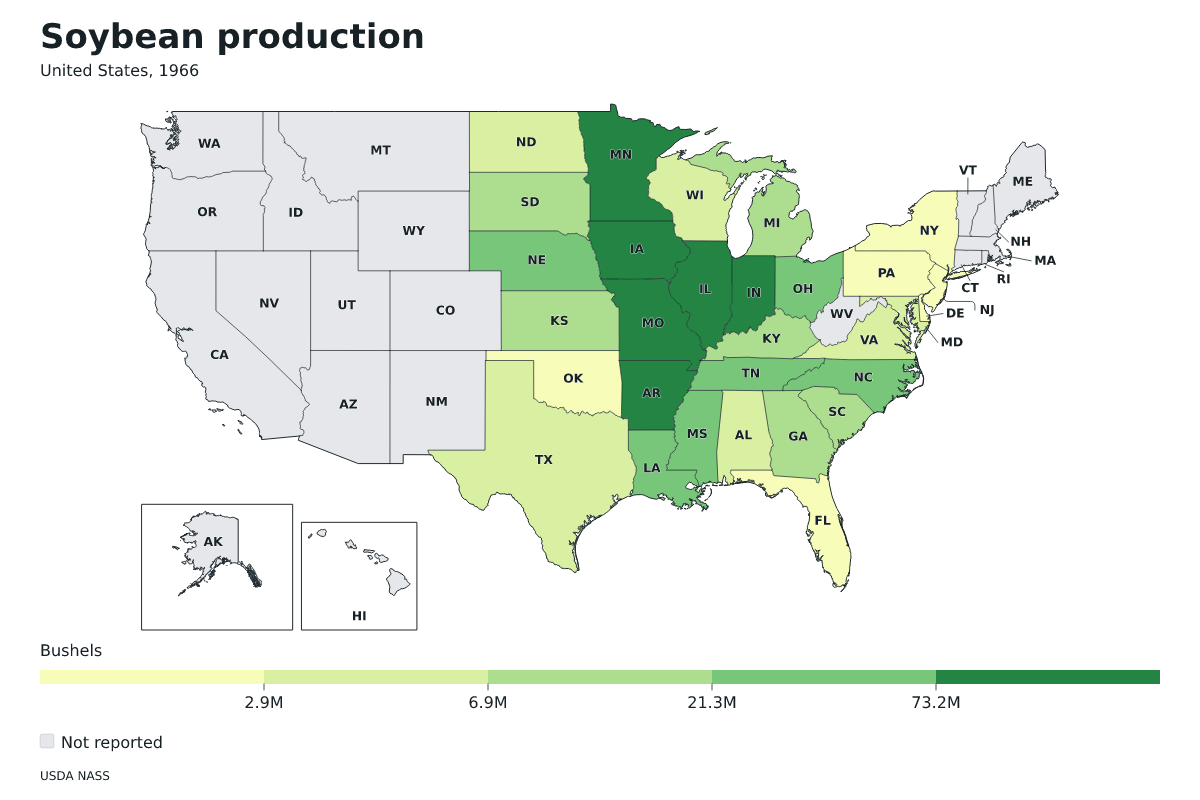 Producción de soja por estado en Estados Unidos, 1966. Unidad: bushels de soja. Fuente: USDA National Agricultural Statistics Service (NASS).