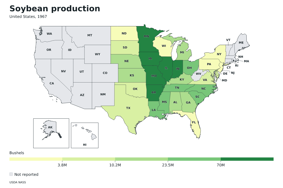 Producción de soja por estado en Estados Unidos, 1967. Unidad: bushels de soja. Fuente: USDA National Agricultural Statistics Service (NASS).