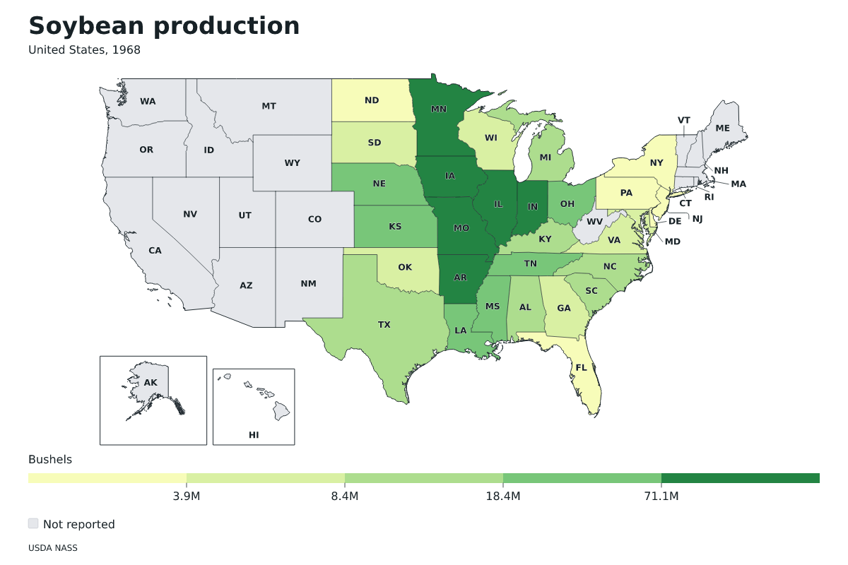 Producción de soja por estado en Estados Unidos, 1968. Unidad: bushels de soja. Fuente: USDA National Agricultural Statistics Service (NASS).