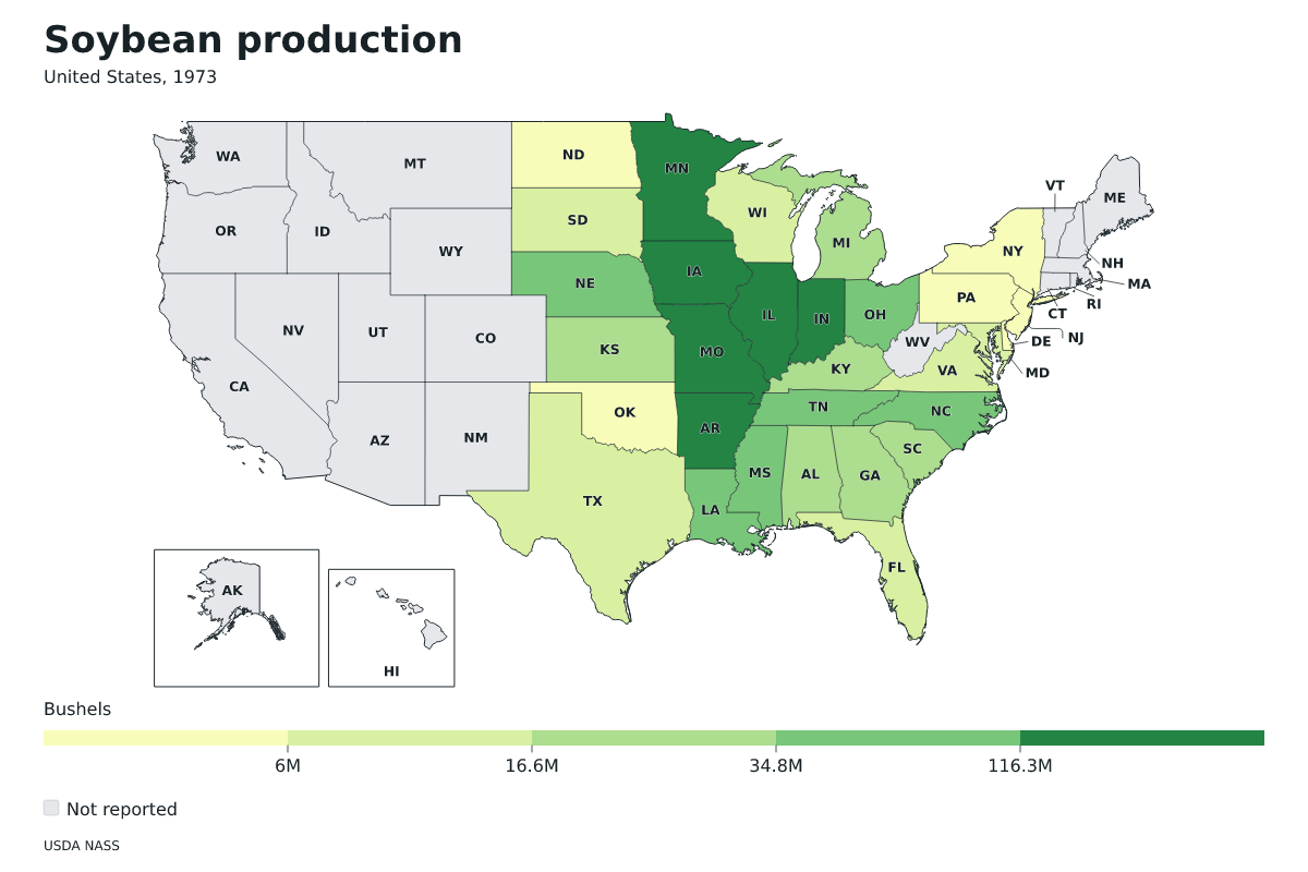 Producción de soja por estado en Estados Unidos, 1973. Unidad: bushels de soja. Fuente: USDA National Agricultural Statistics Service (NASS).