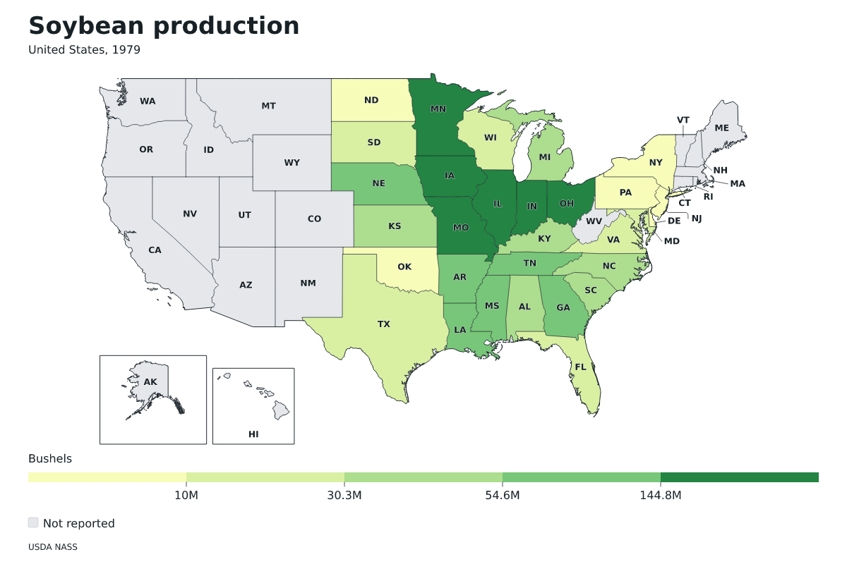 Producción de soja por estado en Estados Unidos, 1979. Unidad: bushels de soja. Fuente: USDA National Agricultural Statistics Service (NASS).