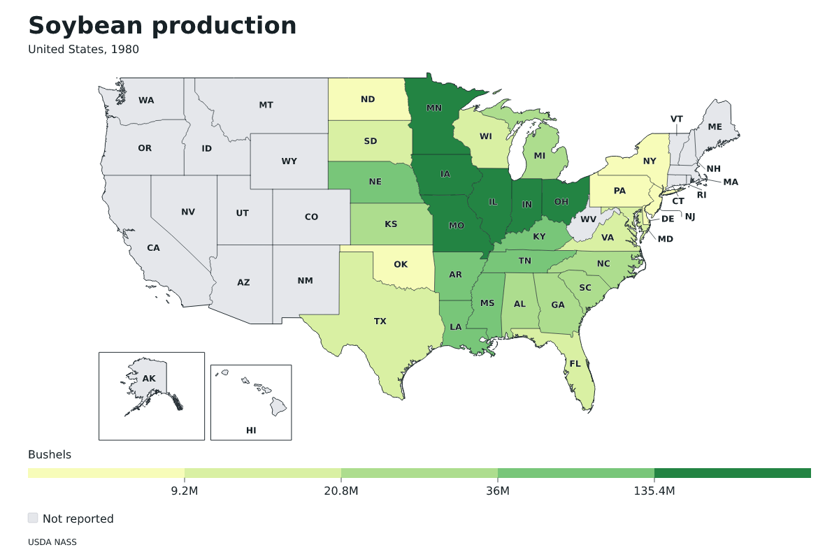 Producción de soja por estado en Estados Unidos, 1980. Unidad: bushels de soja. Fuente: USDA National Agricultural Statistics Service (NASS).