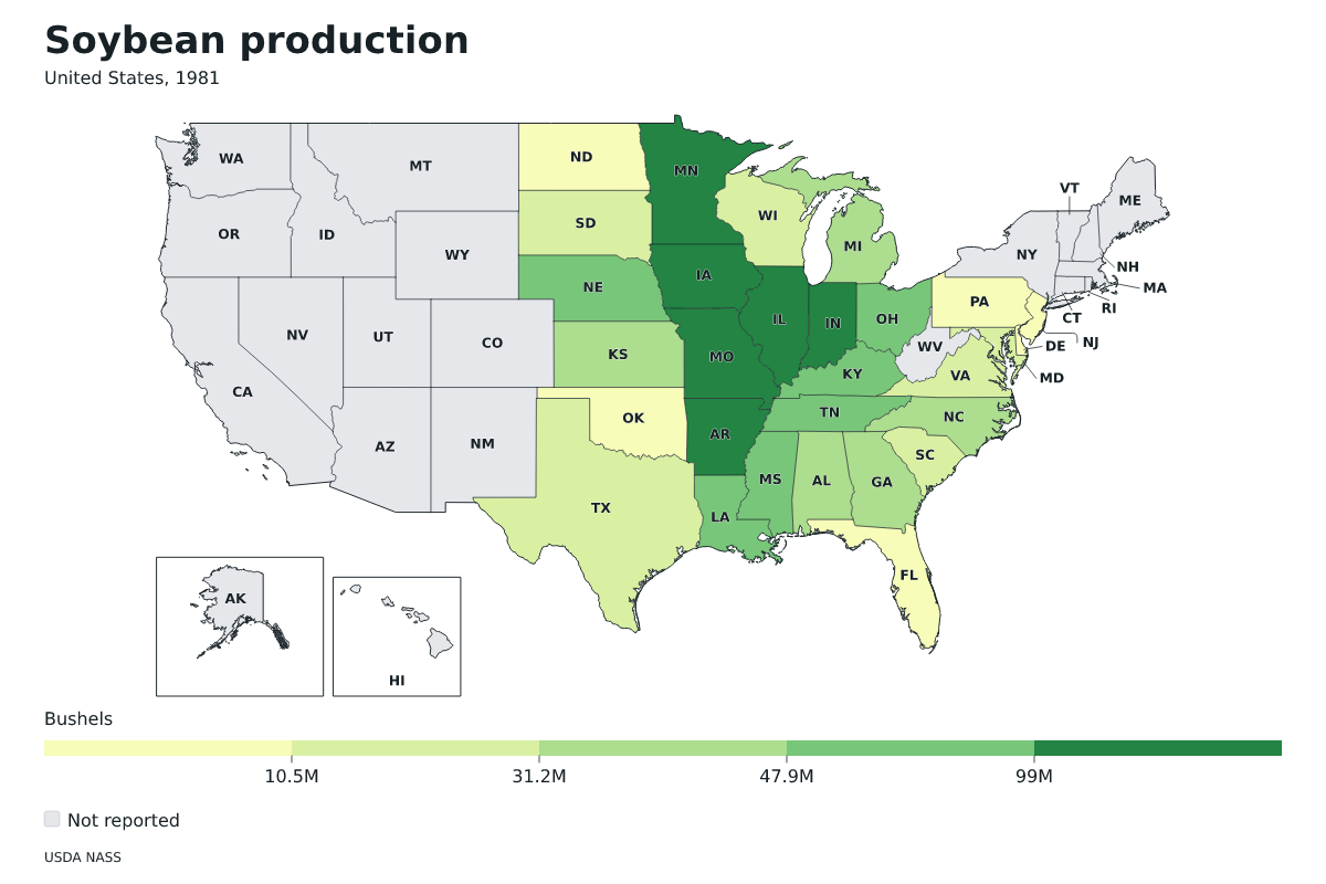 Producción de soja por estado en Estados Unidos, 1981. Unidad: bushels de soja. Fuente: USDA National Agricultural Statistics Service (NASS).