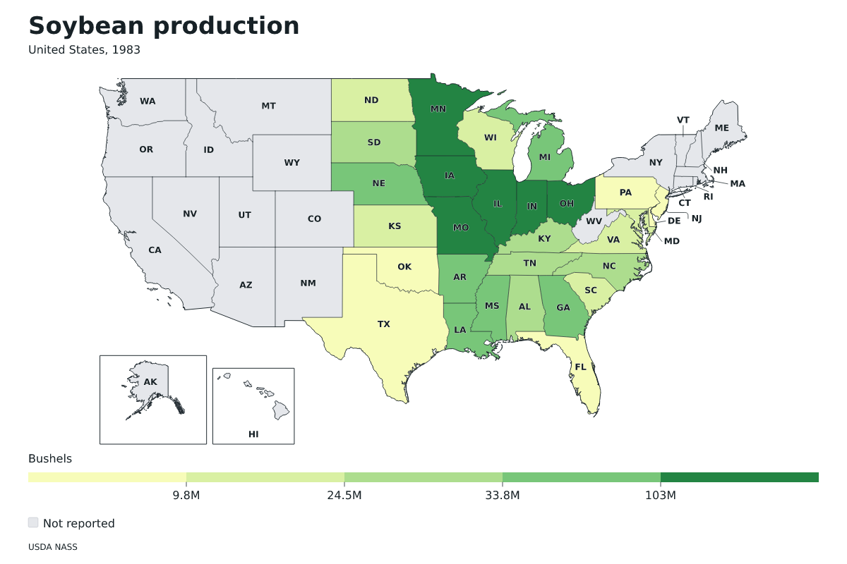 Producción de soja por estado en Estados Unidos, 1983. Unidad: bushels de soja. Fuente: USDA National Agricultural Statistics Service (NASS).
