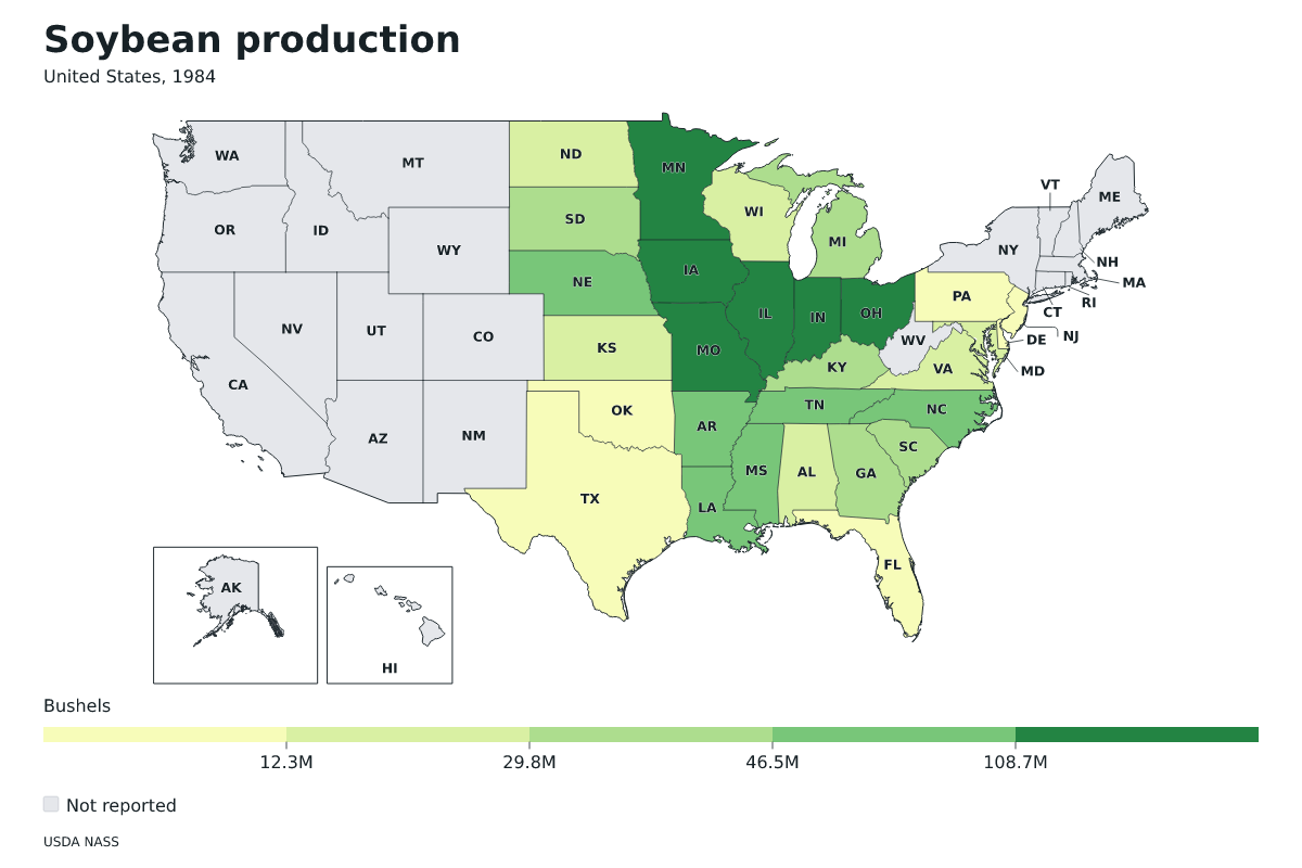 Producción de soja por estado en Estados Unidos, 1984. Unidad: bushels de soja. Fuente: USDA National Agricultural Statistics Service (NASS).