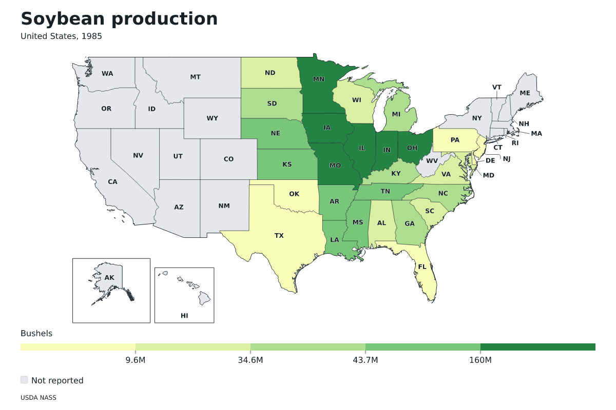 Producción de soja por estado en Estados Unidos, 1985. Unidad: bushels de soja. Fuente: USDA National Agricultural Statistics Service (NASS).