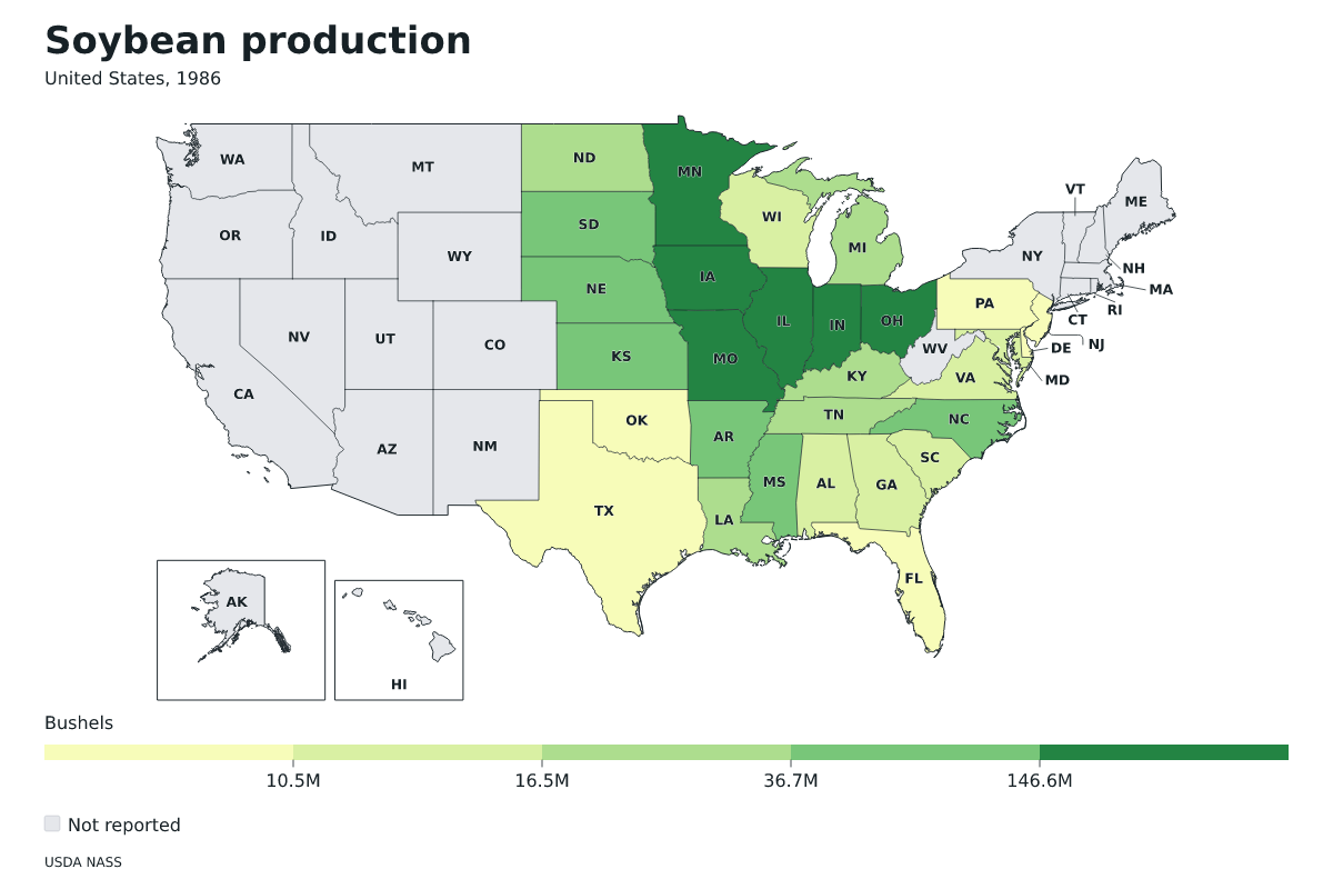 Producción de soja por estado en Estados Unidos, 1986. Unidad: bushels de soja. Fuente: USDA National Agricultural Statistics Service (NASS).