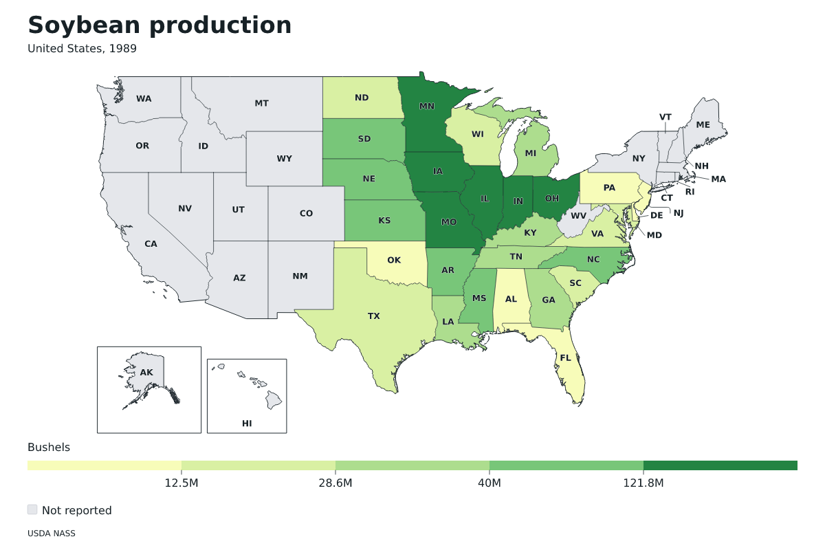 Producción de soja por estado en Estados Unidos, 1989. Unidad: bushels de soja. Fuente: USDA National Agricultural Statistics Service (NASS).