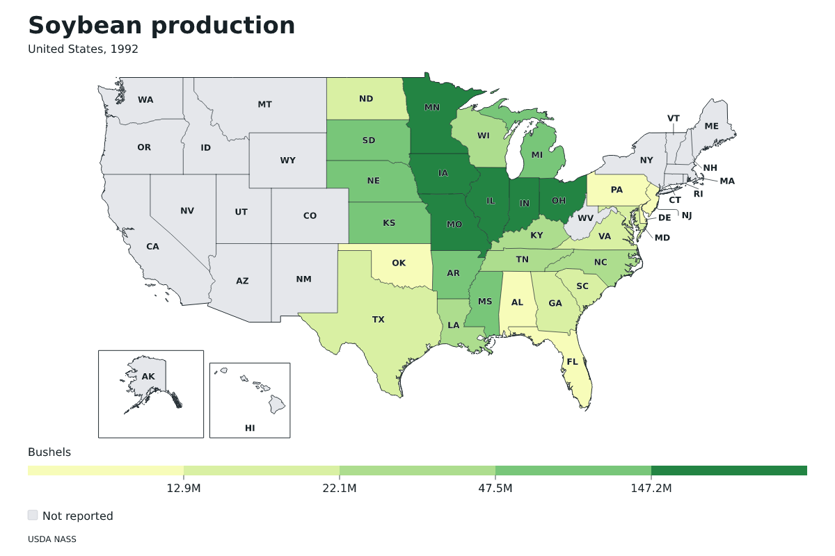 Producción de soja por estado en Estados Unidos, 1992. Unidad: bushels de soja. Fuente: USDA National Agricultural Statistics Service (NASS).