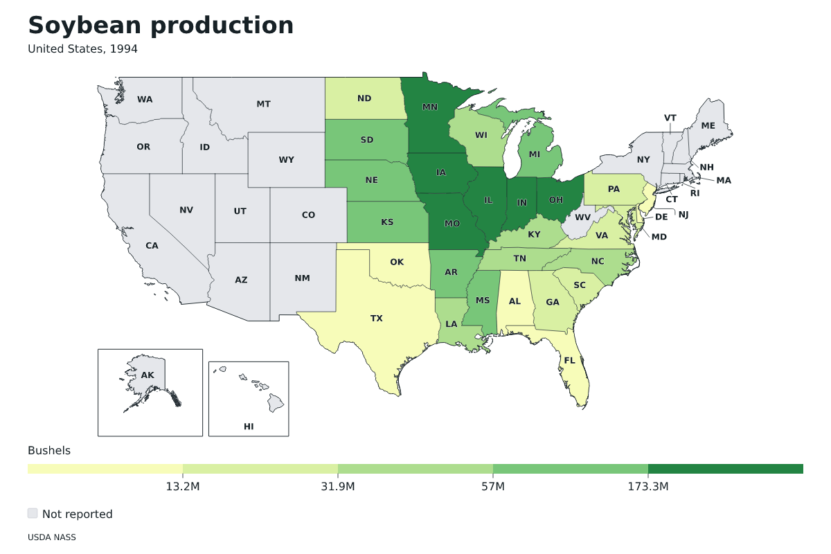 Producción de soja por estado en Estados Unidos, 1994. Unidad: bushels de soja. Fuente: USDA National Agricultural Statistics Service (NASS).