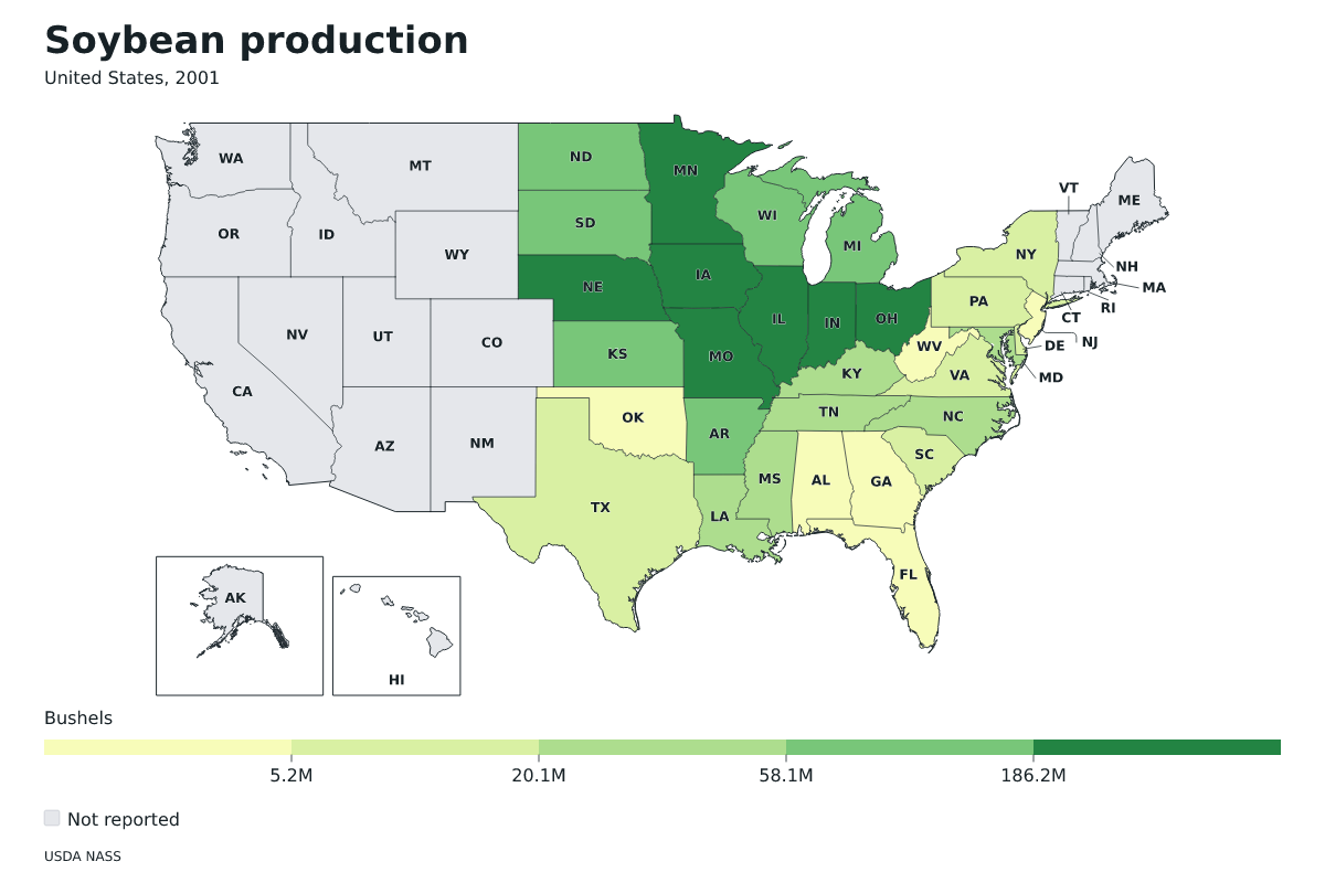 Producción de soja por estado en Estados Unidos, 2001. Unidad: bushels de soja. Fuente: USDA National Agricultural Statistics Service (NASS).