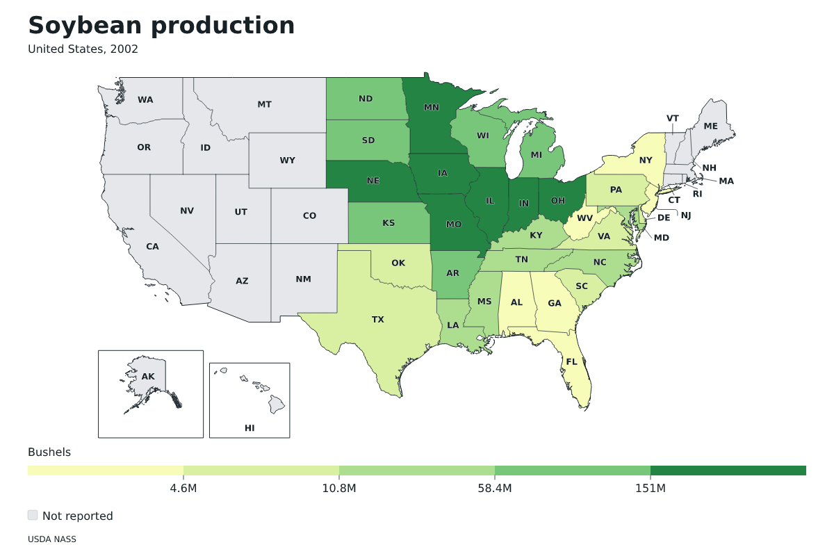 Producción de soja por estado en Estados Unidos, 2002. Unidad: bushels de soja. Fuente: USDA National Agricultural Statistics Service (NASS).