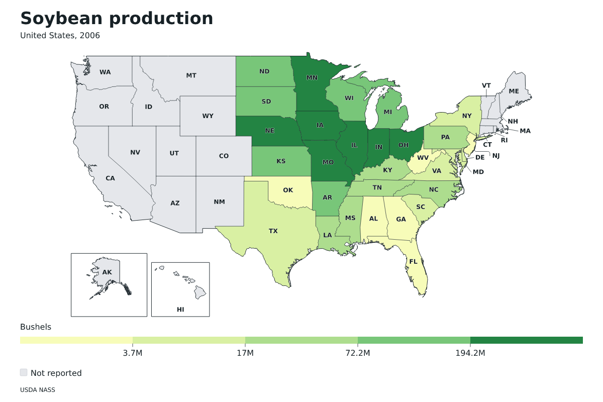 Producción de soja por estado en Estados Unidos, 2006. Unidad: bushels de soja. Fuente: USDA National Agricultural Statistics Service (NASS).