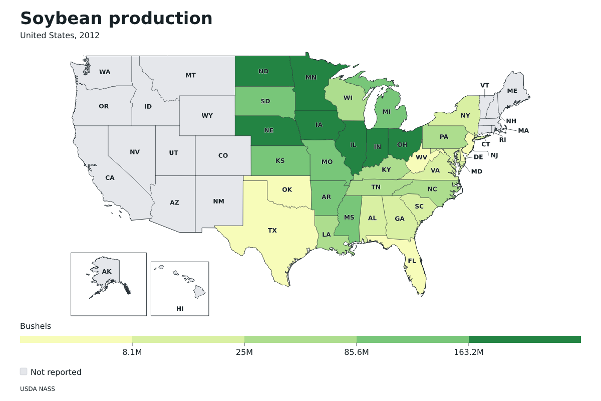 Producción de soja por estado en Estados Unidos, 2012. Unidad: bushels de soja. Fuente: USDA National Agricultural Statistics Service (NASS).