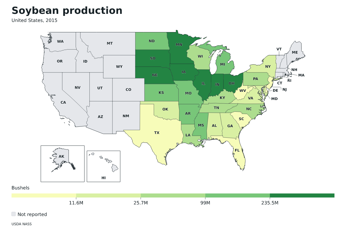 Producción de soja por estado en Estados Unidos, 2015. Unidad: bushels de soja. Fuente: USDA National Agricultural Statistics Service (NASS).