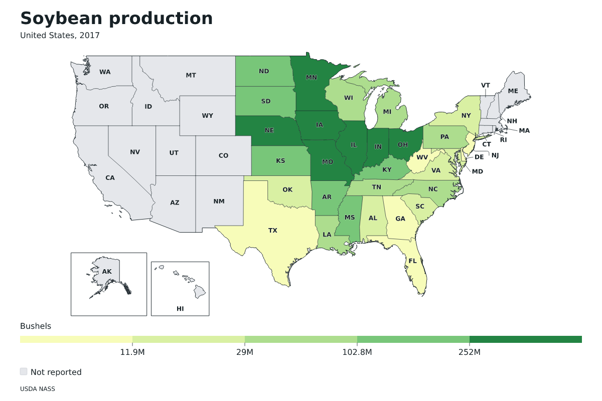 Producción de soja por estado en Estados Unidos, 2017. Unidad: bushels de soja. Fuente: USDA National Agricultural Statistics Service (NASS).