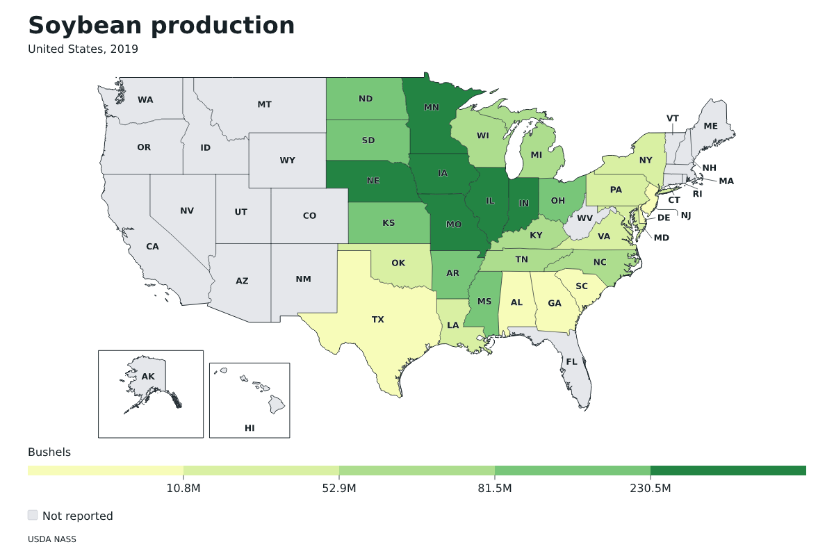 Producción de soja por estado en Estados Unidos, 2019. Unidad: bushels de soja. Fuente: USDA National Agricultural Statistics Service (NASS).