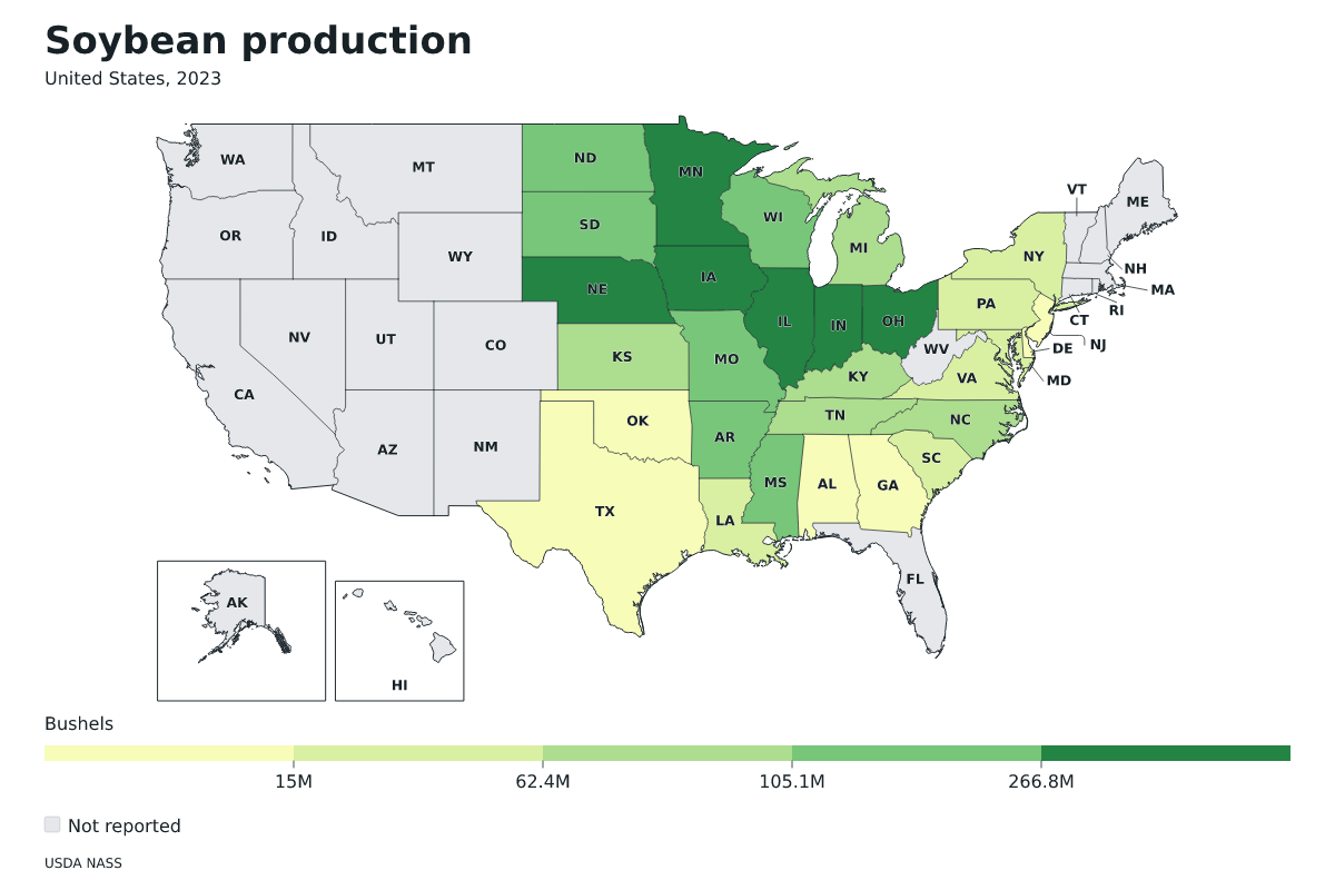 Producción de soja por estado en Estados Unidos, 2023. Unidad: bushels de soja. Fuente: USDA National Agricultural Statistics Service (NASS).