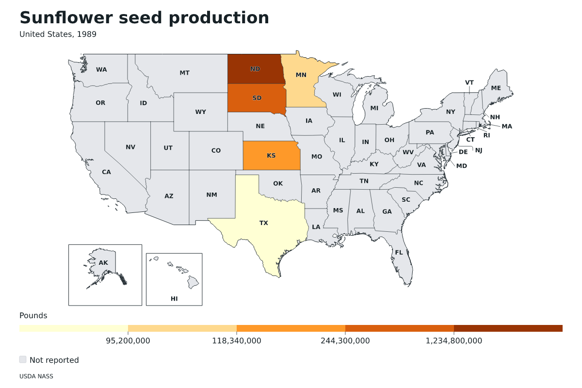 Producción de semillas de girasol por estado en Estados Unidos, 1989. Unidad: libras de semillas de girasol. Fuente: USDA National Agricultural Statistics Service (NASS).