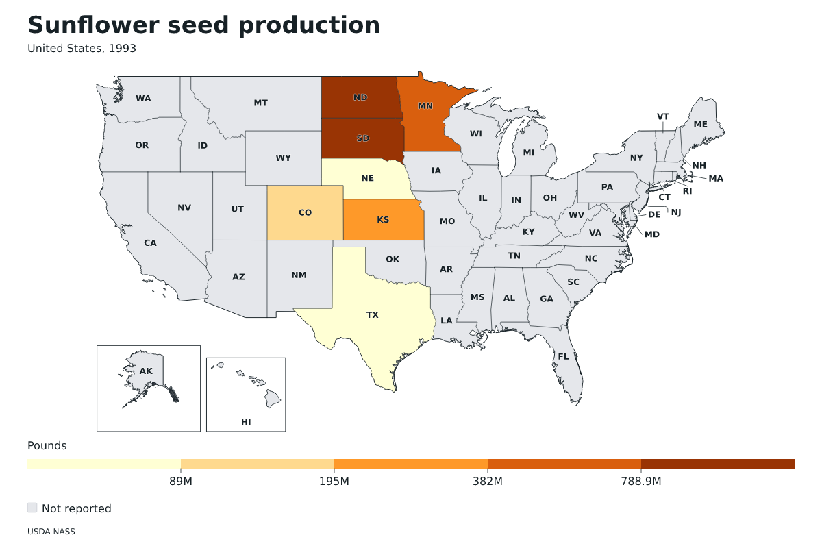 Producción de semillas de girasol por estado en Estados Unidos, 1993. Unidad: libras de semillas de girasol. Fuente: USDA National Agricultural Statistics Service (NASS).