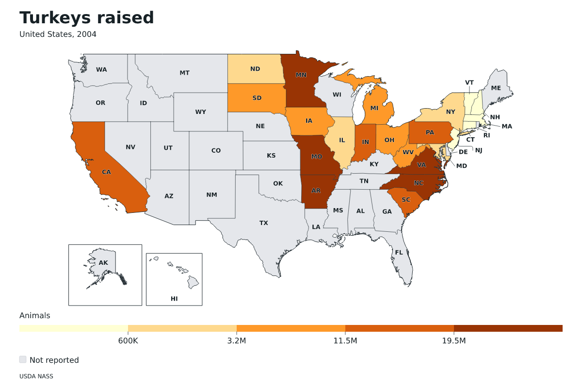 Pavos criados por estado en Estados Unidos, 2004. Unidad: pavos. Fuente: USDA National Agricultural Statistics Service (NASS).