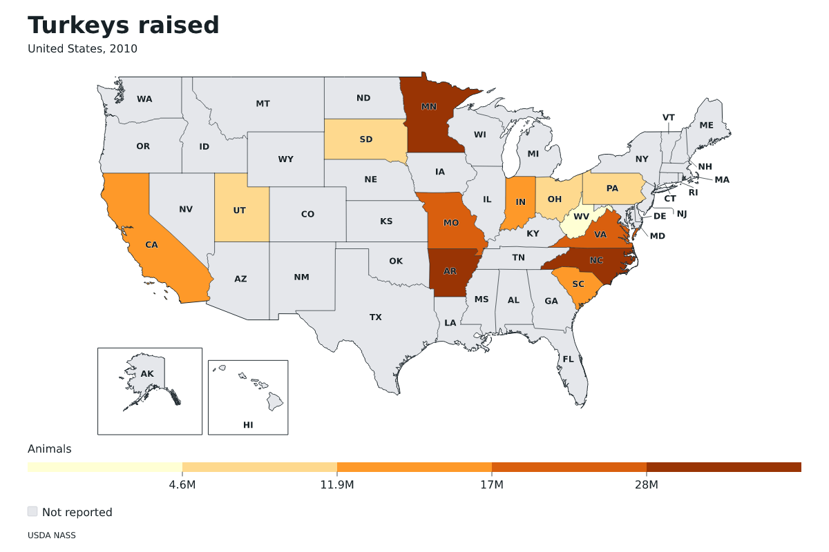 Pavos criados por estado en Estados Unidos, 2010. Unidad: pavos. Fuente: USDA National Agricultural Statistics Service (NASS).