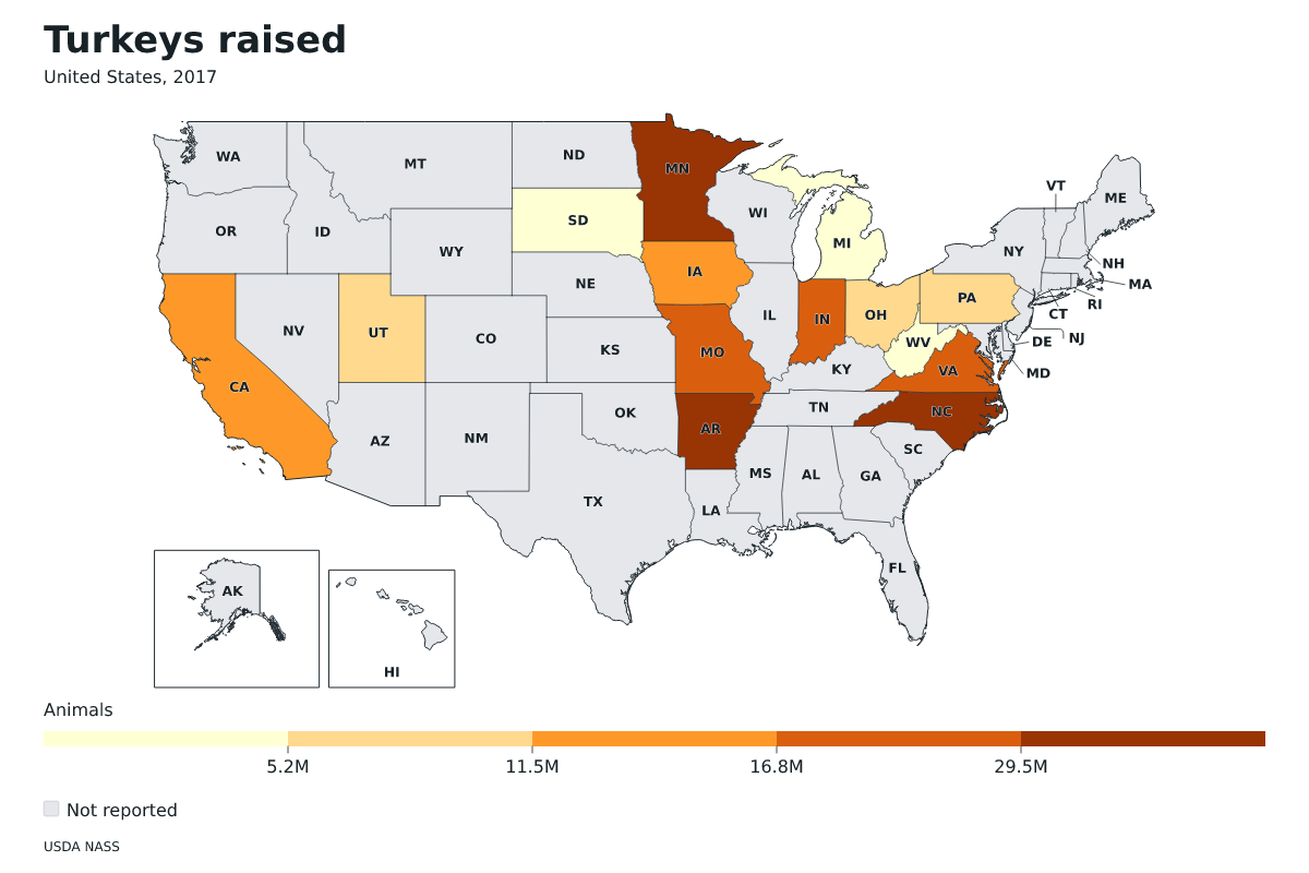 Pavos criados por estado en Estados Unidos, 2017. Unidad: pavos. Fuente: USDA National Agricultural Statistics Service (NASS).
