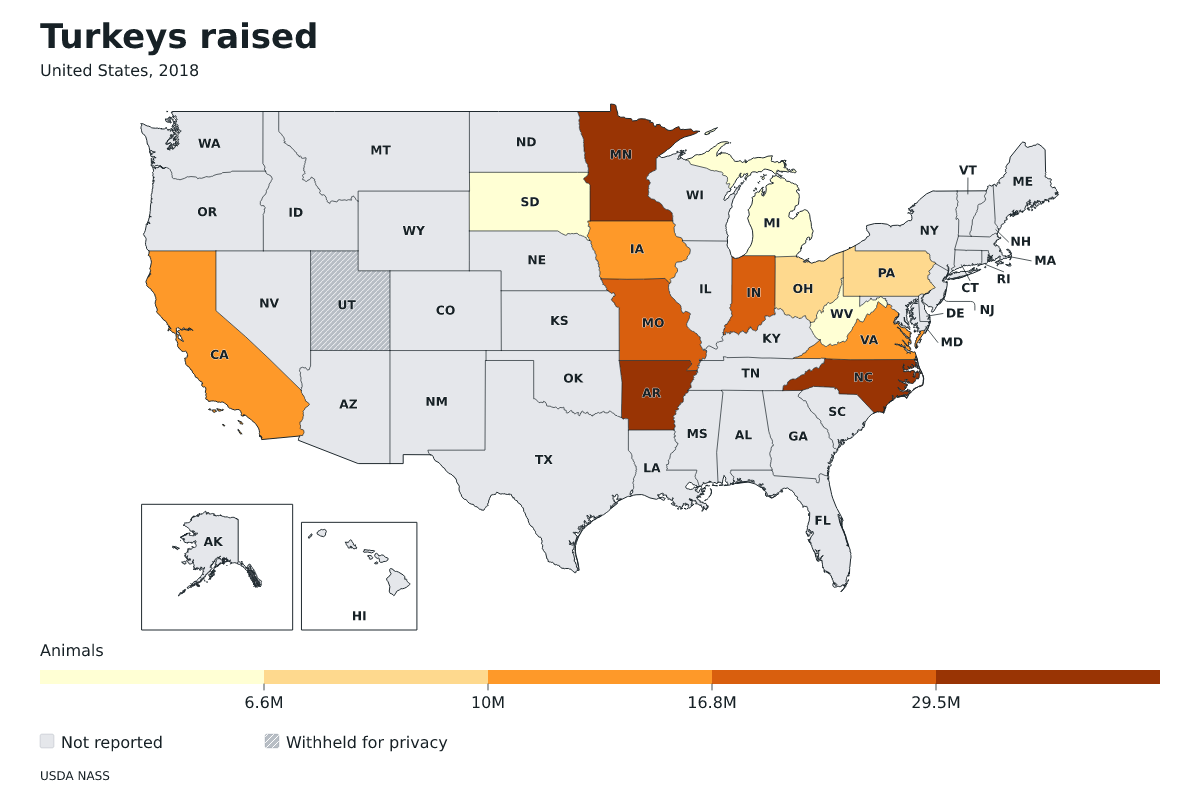 Pavos criados por estado en Estados Unidos, 2018. Unidad: pavos. Fuente: USDA National Agricultural Statistics Service (NASS).