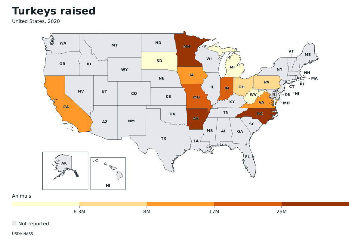 Pavos criados por estado en Estados Unidos, 2020. Unidad: pavos. Fuente: USDA National Agricultural Statistics Service (NASS).
