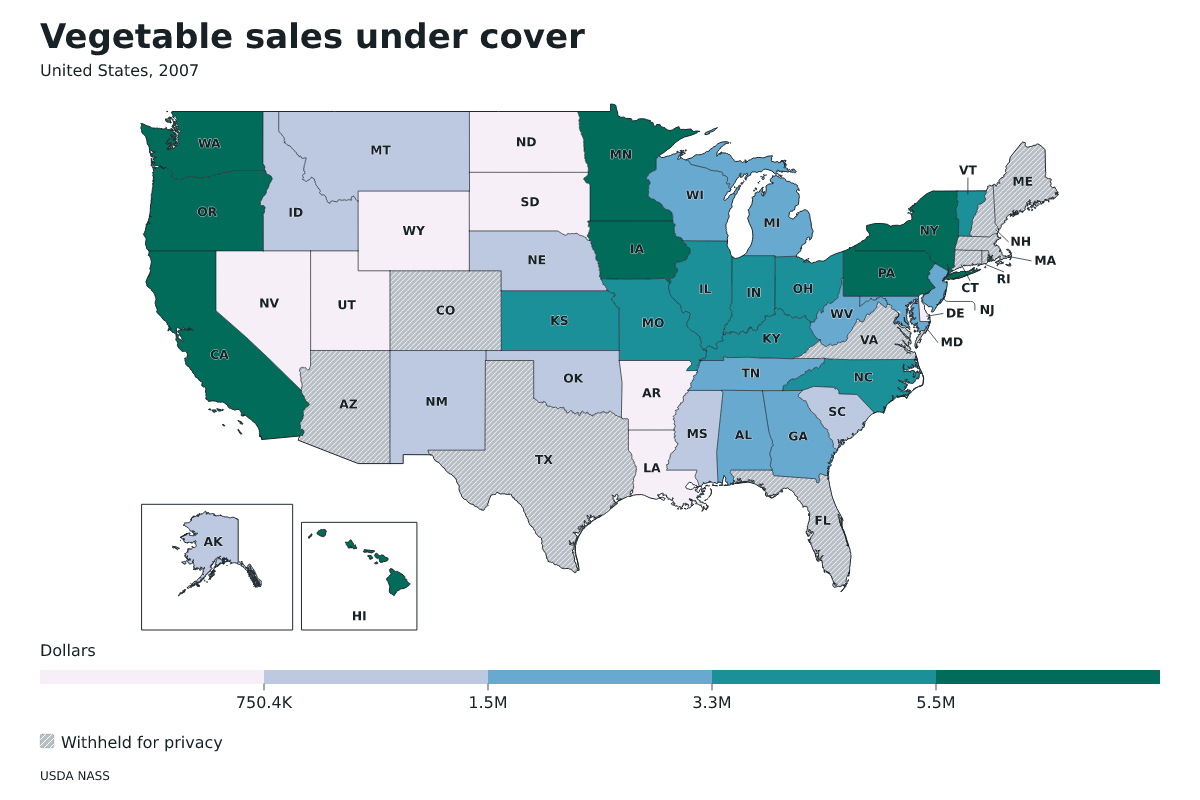 Ventas de hortalizas bajo cubierta por estado en Estados Unidos, 2007. Unidad: dólares en ventas. Fuente: USDA National Agricultural Statistics Service (NASS).