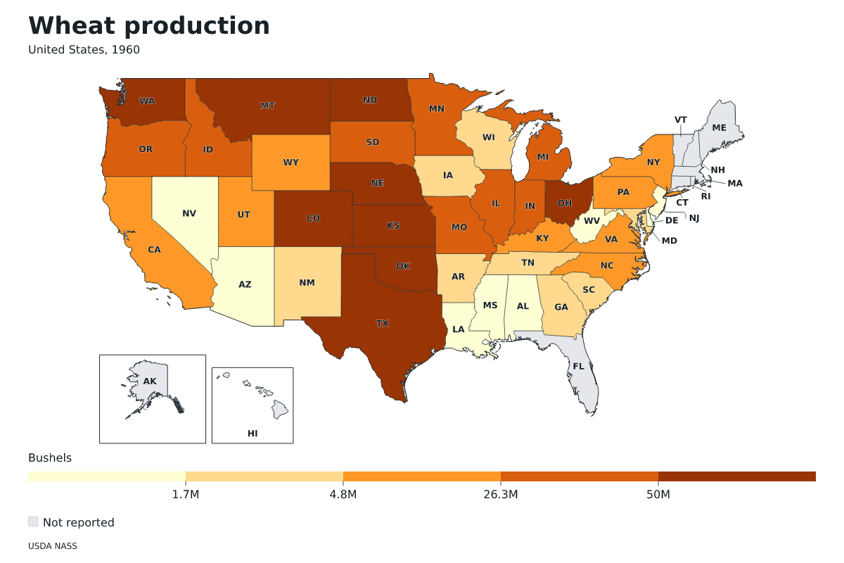 Producción de trigo por estado en Estados Unidos, 1960. Unidad: bushels de trigo. Fuente: USDA National Agricultural Statistics Service (NASS).