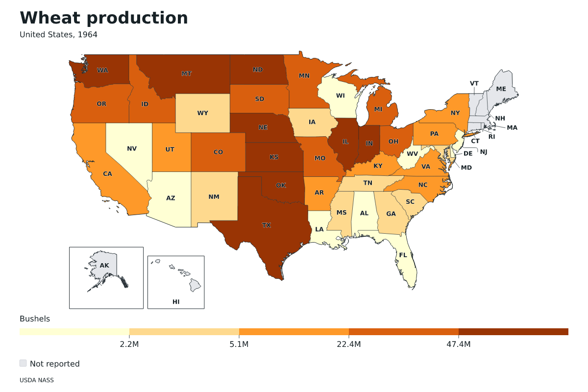 Producción de trigo por estado en Estados Unidos, 1964. Unidad: bushels de trigo. Fuente: USDA National Agricultural Statistics Service (NASS).