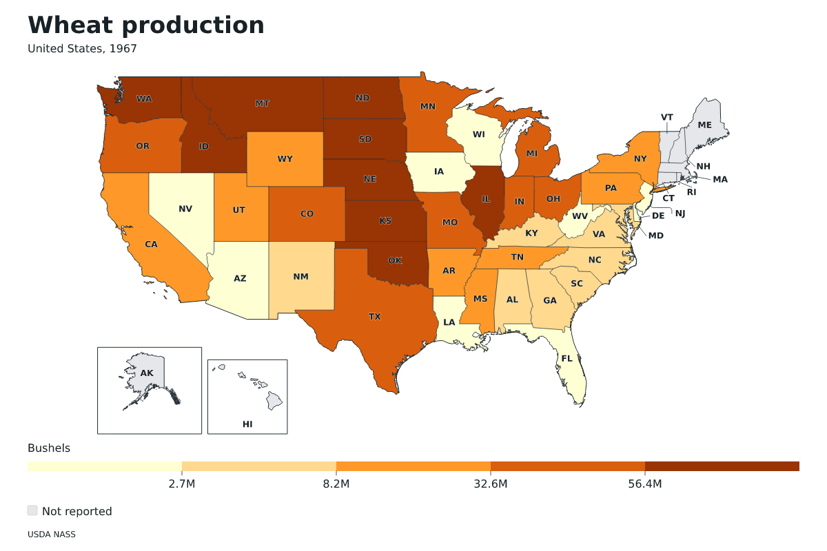 Producción de trigo por estado en Estados Unidos, 1967. Unidad: bushels de trigo. Fuente: USDA National Agricultural Statistics Service (NASS).