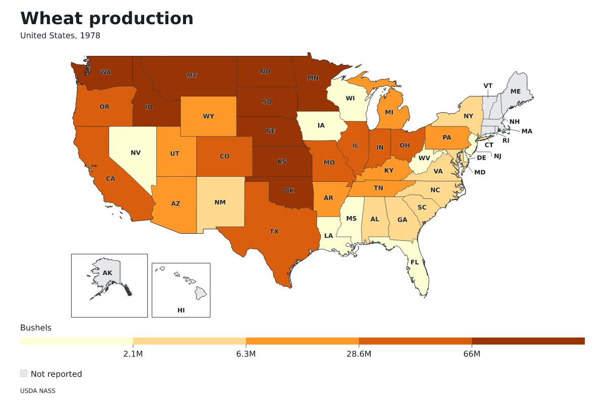 Producción de trigo por estado en Estados Unidos, 1978. Unidad: bushels de trigo. Fuente: USDA National Agricultural Statistics Service (NASS).