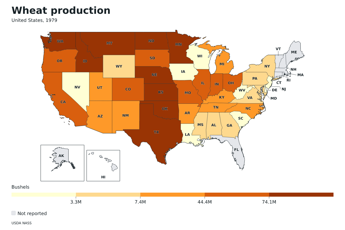 Producción de trigo por estado en Estados Unidos, 1979. Unidad: bushels de trigo. Fuente: USDA National Agricultural Statistics Service (NASS).