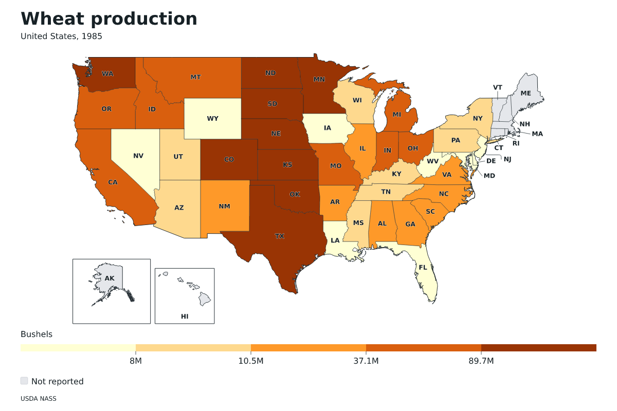 Producción de trigo por estado en Estados Unidos, 1985. Unidad: bushels de trigo. Fuente: USDA National Agricultural Statistics Service (NASS).