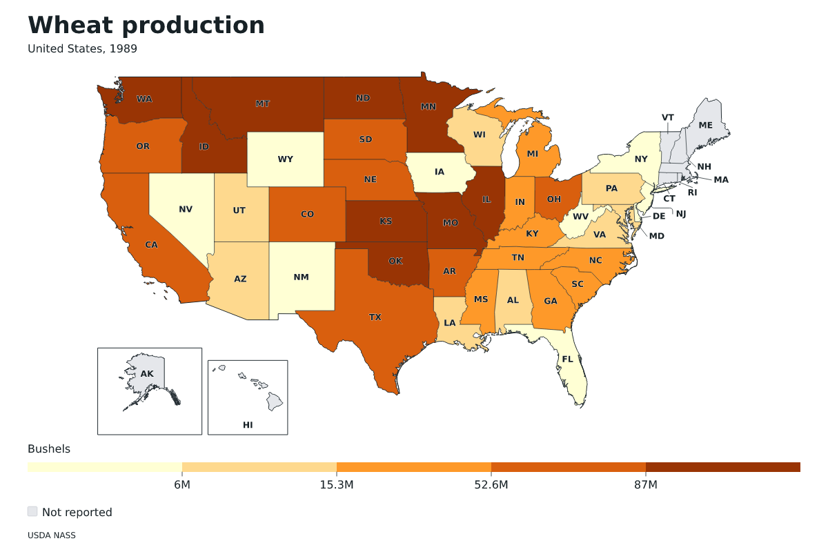 Producción de trigo por estado en Estados Unidos, 1989. Unidad: bushels de trigo. Fuente: USDA National Agricultural Statistics Service (NASS).