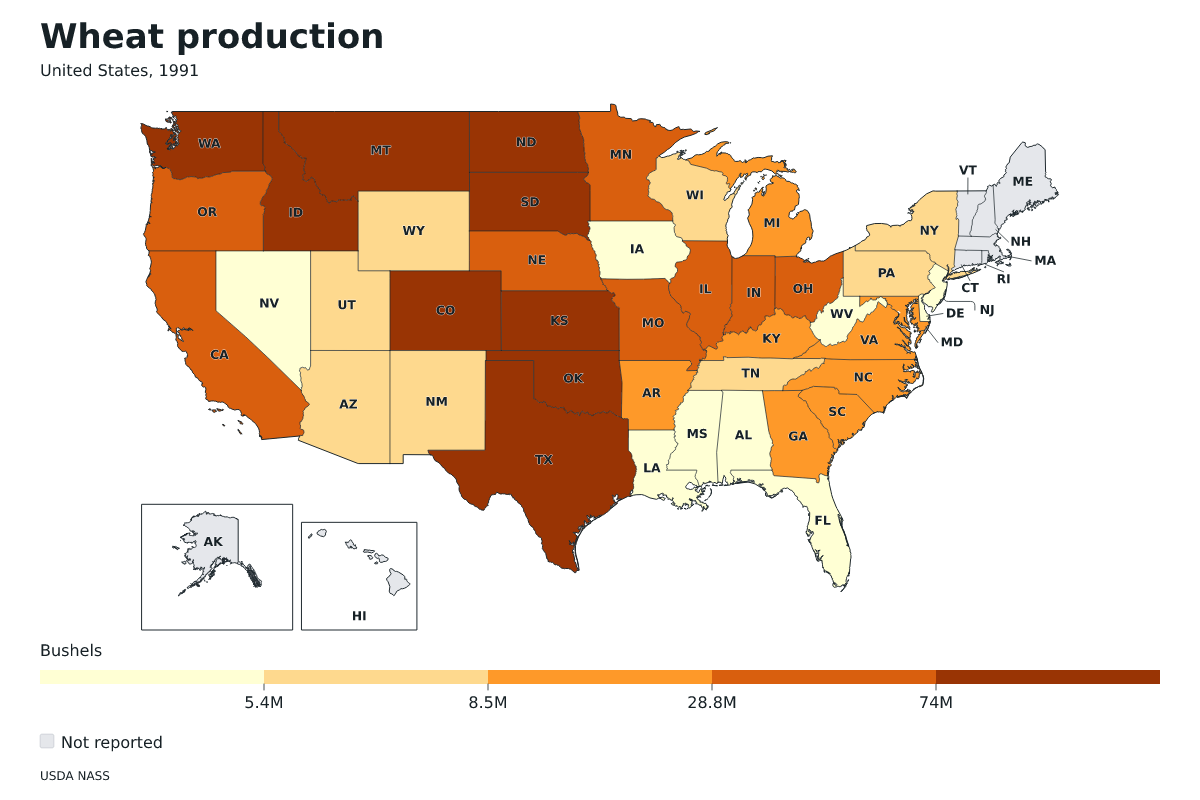 Producción de trigo por estado en Estados Unidos, 1991. Unidad: bushels de trigo. Fuente: USDA National Agricultural Statistics Service (NASS).