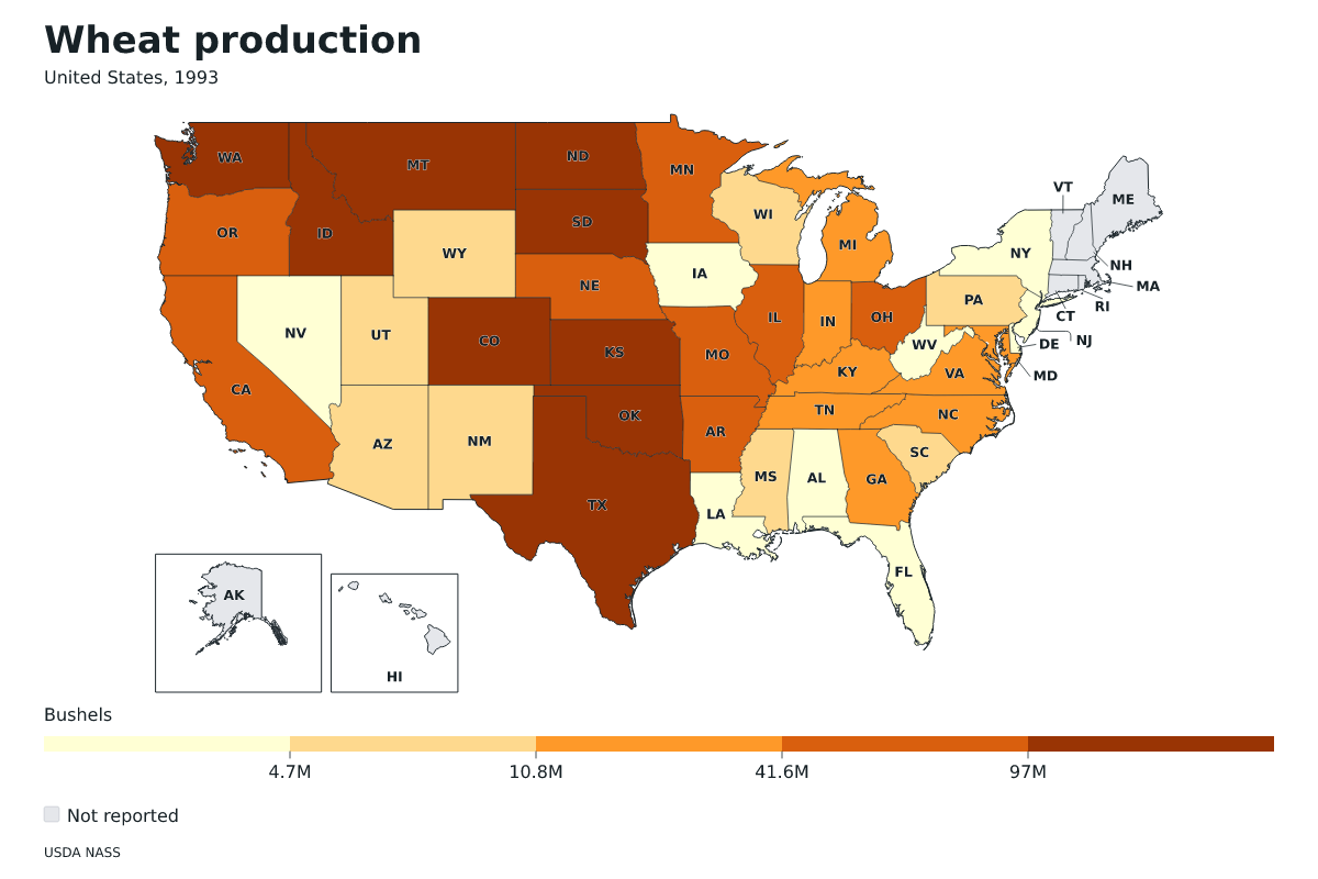 Production de blé par État pour États-Unis, 1993. Unité : boisseaux de blé. Source : USDA National Agricultural Statistics Service (NASS).