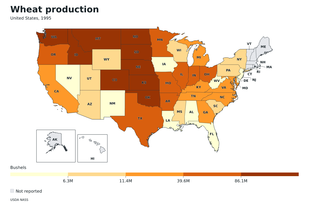 Producción de trigo por estado en Estados Unidos, 1995. Unidad: bushels de trigo. Fuente: USDA National Agricultural Statistics Service (NASS).