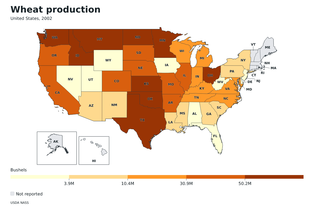 Producción de trigo por estado en Estados Unidos, 2002. Unidad: bushels de trigo. Fuente: USDA National Agricultural Statistics Service (NASS).