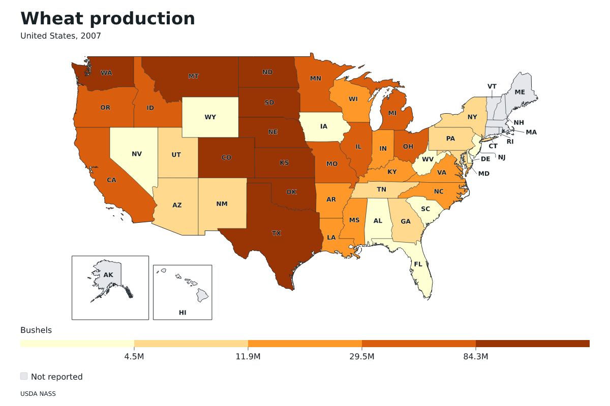 Producción de trigo por estado en Estados Unidos, 2007. Unidad: bushels de trigo. Fuente: USDA National Agricultural Statistics Service (NASS).