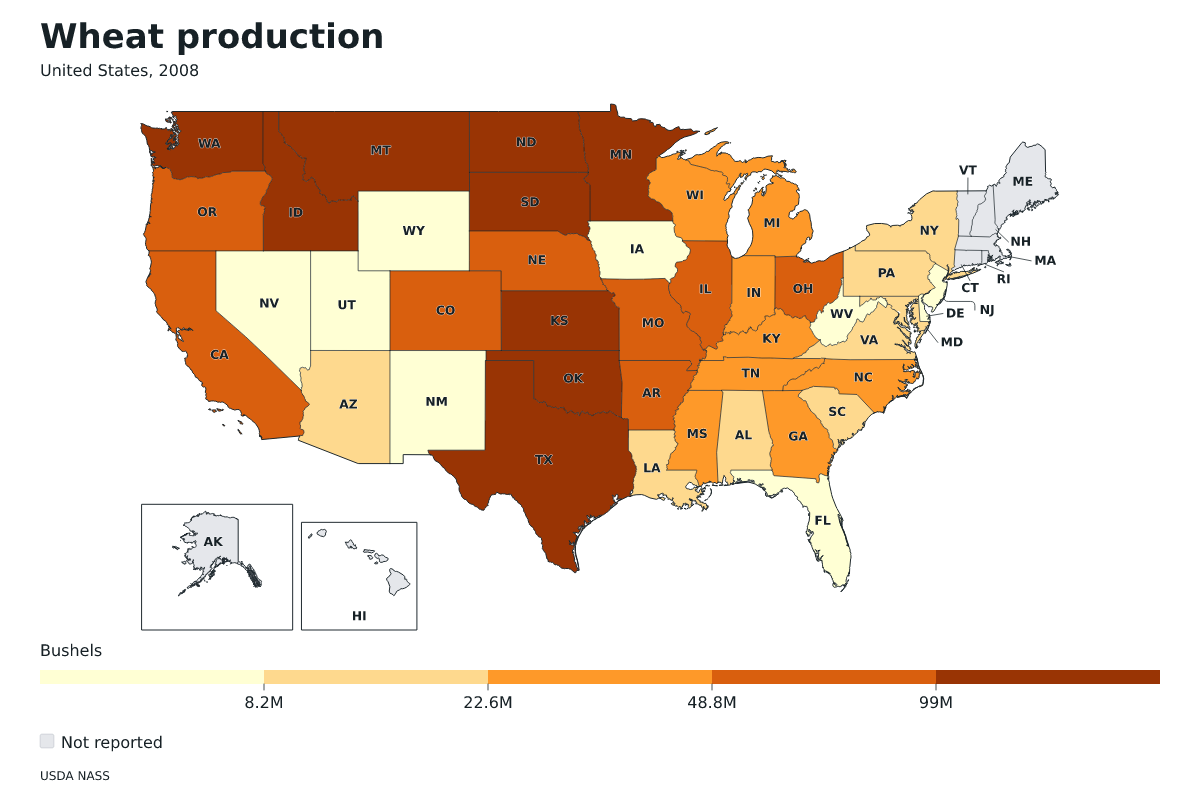Producción de trigo por estado en Estados Unidos, 2008. Unidad: bushels de trigo. Fuente: USDA National Agricultural Statistics Service (NASS).