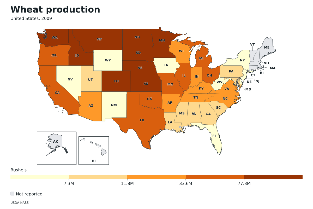 Producción de trigo por estado en Estados Unidos, 2009. Unidad: bushels de trigo. Fuente: USDA National Agricultural Statistics Service (NASS).